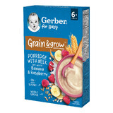 Gerber Grain &amp; Grow Porridge di avena e frumento, banana, lampone, latte, senza zuccheri aggiunti, dopo 6 mesi, 200 g