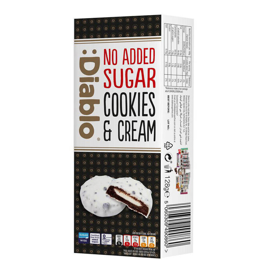 Zuckerfreie Kekse mit Schlagsahnefüllung und weißem Schokoladenüberzug, 128 g, Diablo