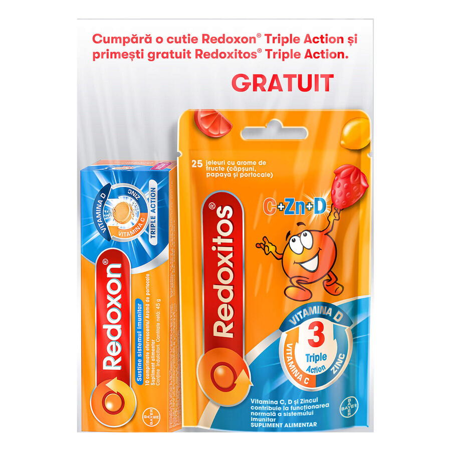 Redoxon Triple Action Vitamin C, D und Zink Pack, 10 Tabletten + Redoxitos Triple Action Vitamin C Jelly 30 mg, 25 Stück, Bayer