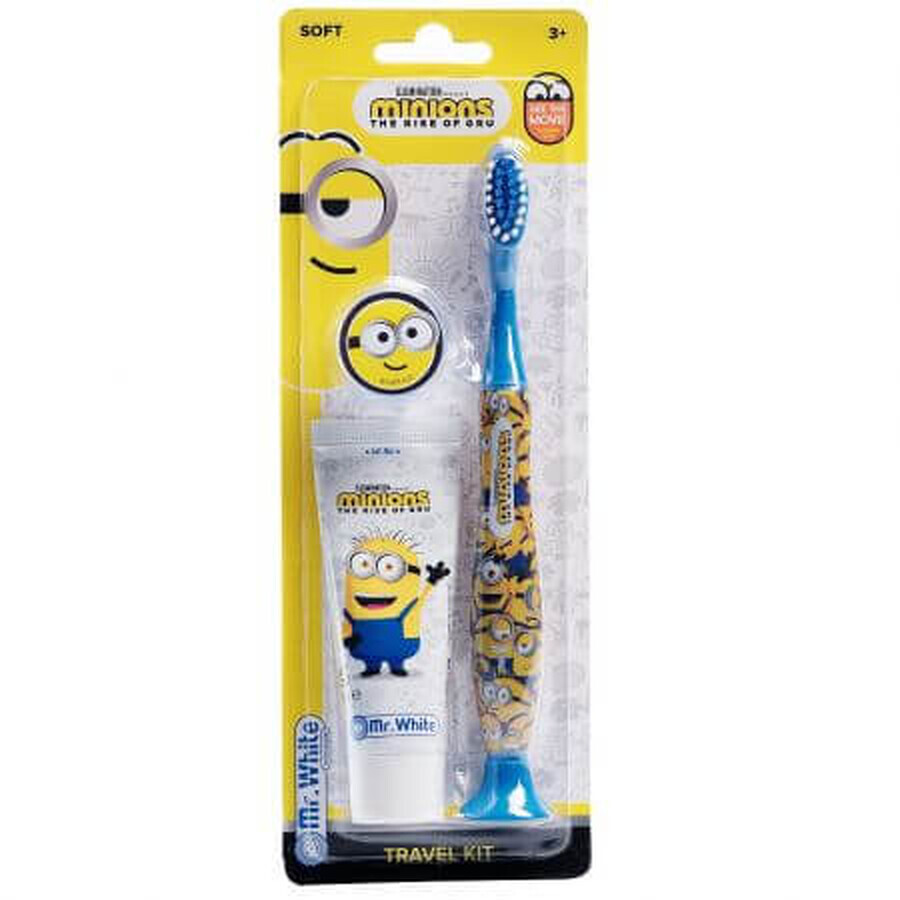 Set Periuta de dinti cu ventuza + Pasta de dinti cu aroma de capsuni Minions, +3 ani, 25 ml, Mr. White