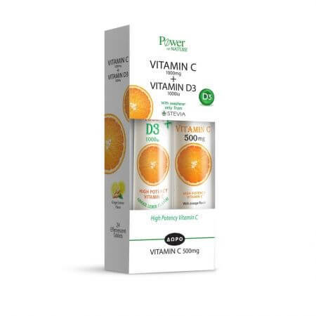 Pachet Vitamina C 1000 mg + D3 1000 ui Stevia 24 tablete + Vitamina C 500 mg 20 tablete, tablete efervescente, Power of Nature