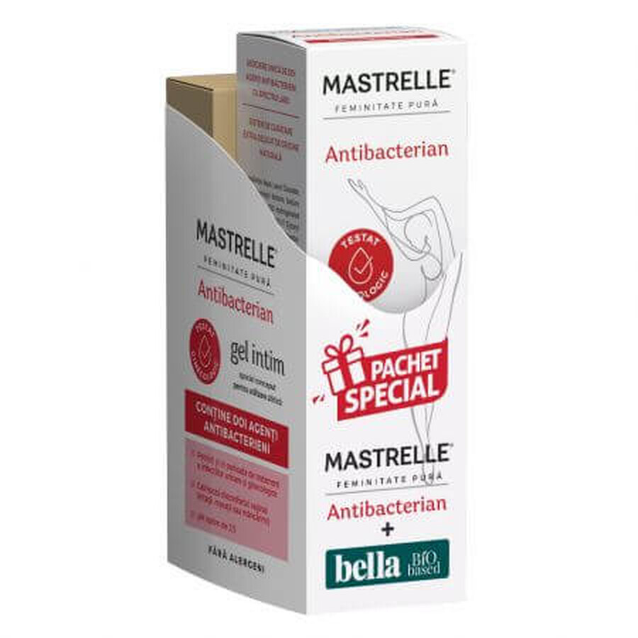 Packung Mastrelle antibakterielles Intimgel, 200 ml + Bella Bio basierte normale Damenbinden, 28 Stück, Fiterman