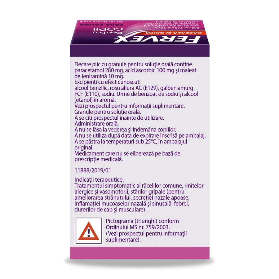 Fervex Raceala si Gripa fara zahar pentru copii, 280mg/100 mg/10 mg, 8 plicuri, Upsa