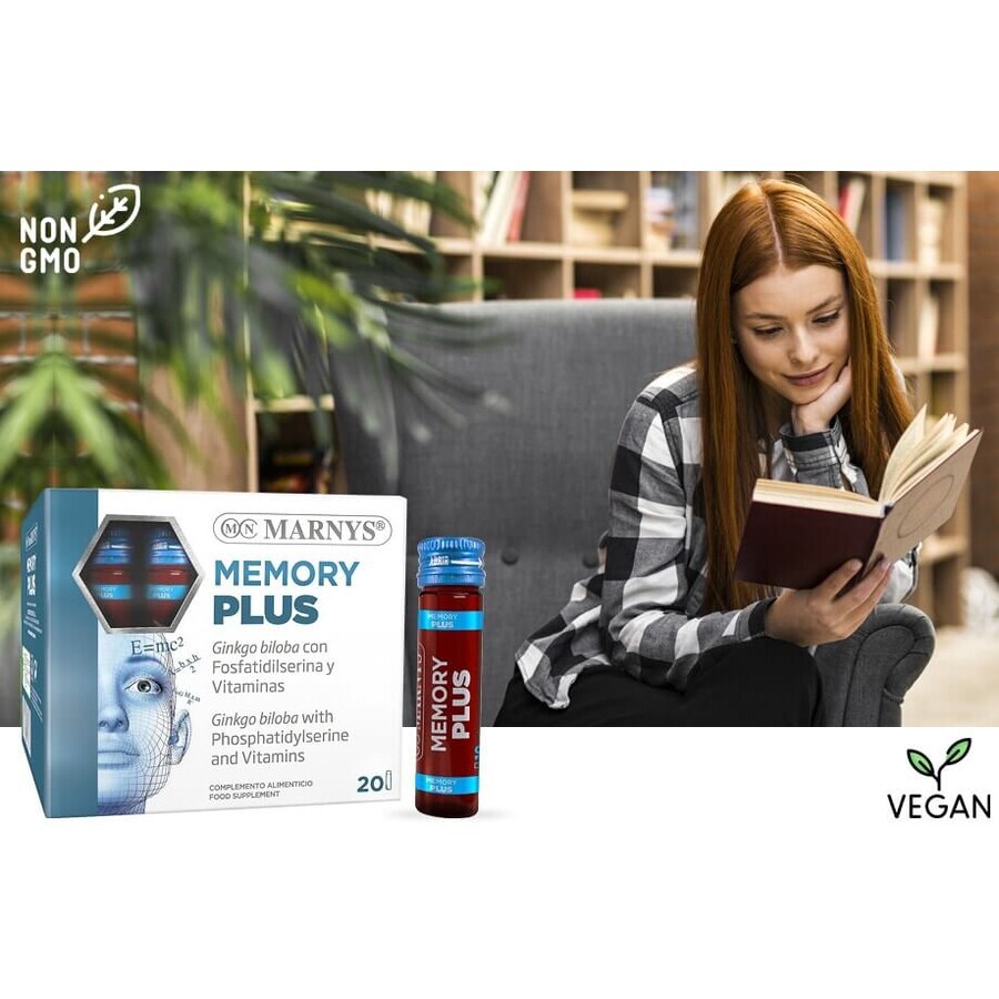 Memory Plus cu Ginkgo Biloba + Fosfatidilserină + Vitamina B1, B2, B3, B5, B6 – Produs Vegan – 20 Fiole, Marnys