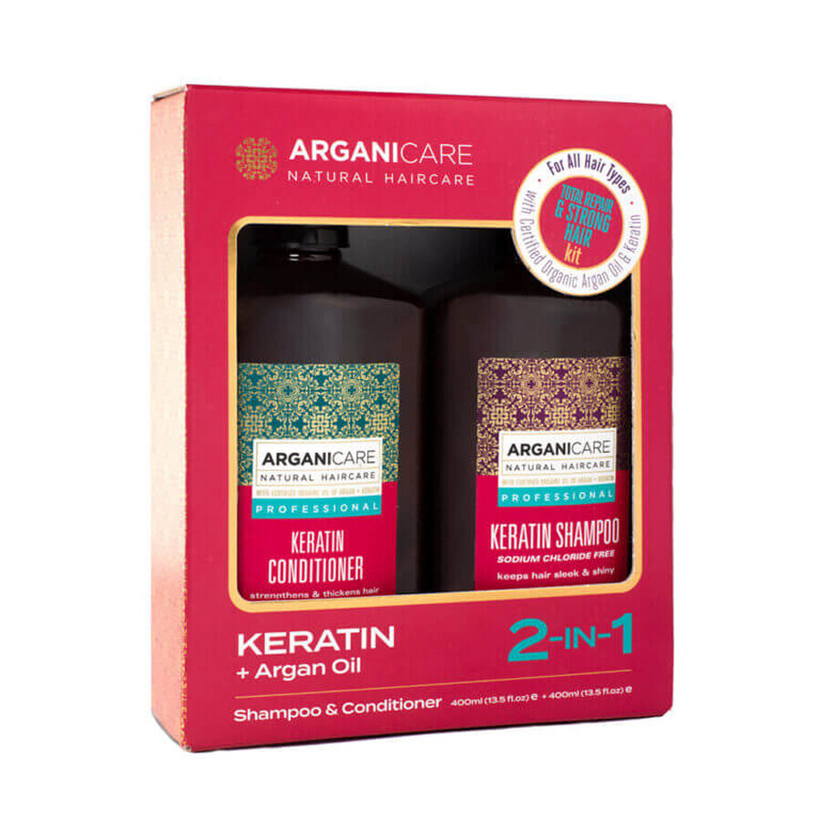 Set Sampon & Balsam pentru Repararea si Fortifierea Parului, cu Ulei de Argan Organic si Cheratina, Arganicare, 400 ml x2