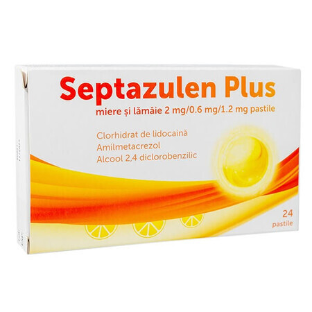 Septazulen Plus Honig und Zitrone, 2 mg/0,6 mg/1,2 mg, 24 Tabletten, Lozy's Pharmaceuticals