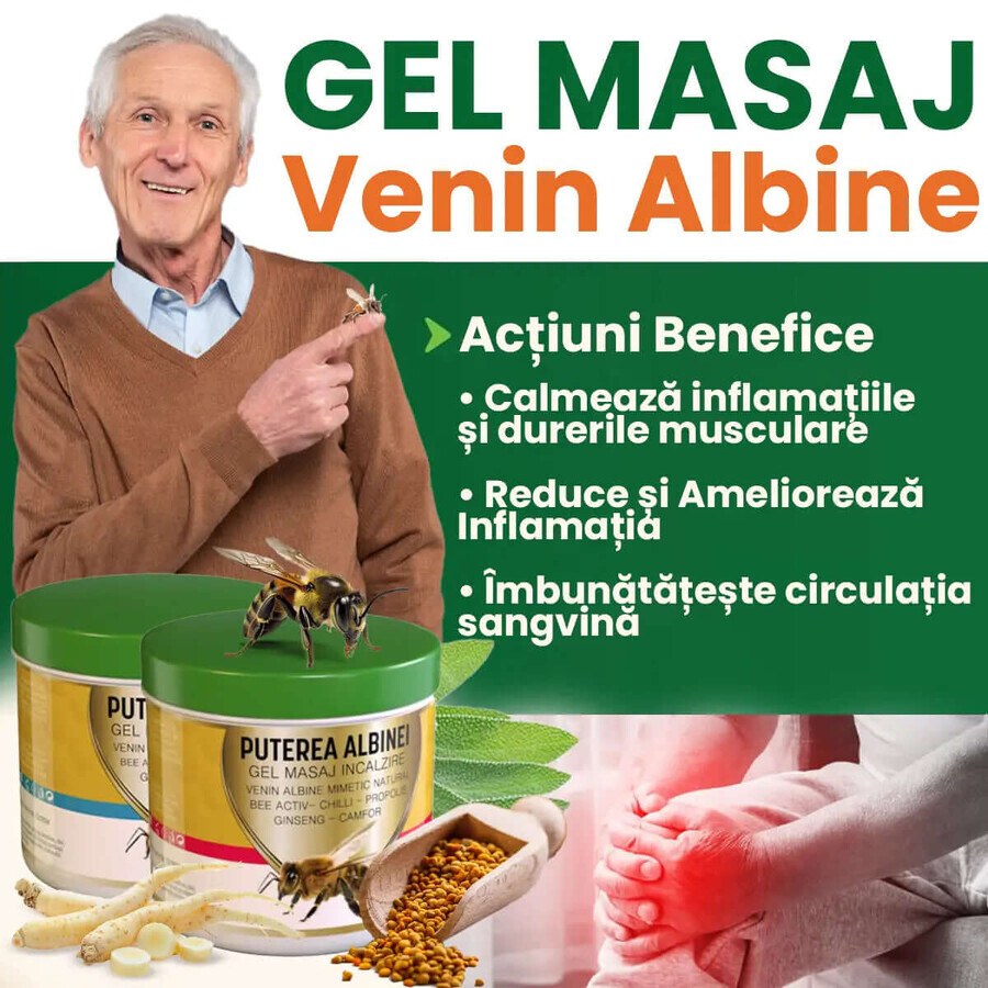 Gel da massaggio con effetto riscaldante e veleno d'ape mimetico Puterea Albinei, 275 ml, Praemium