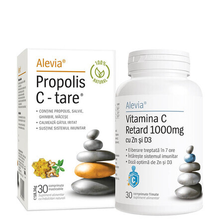 Propolis C Hard 100% Natural 30 Tabletten + Vitamin C 1000 mg Delayed mit Zn und D3 30 Tabletten, Alevia