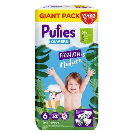 Fashion & Nature Windeln, Nr. 6, 13 kg+, 62 Stück, Pufies