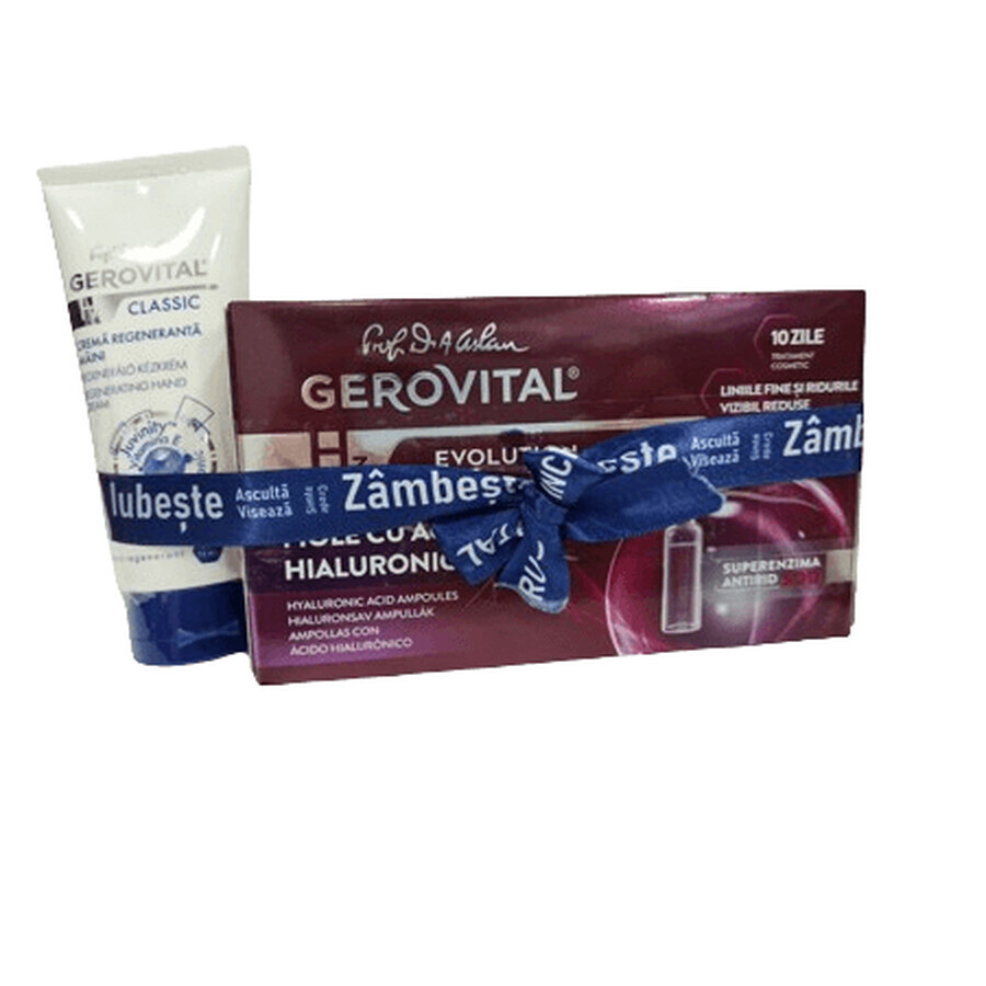 Packung Gerovital Hyaluronsäure Fläschchen 2 ml x 10 + Gerovital Classic Regenerierende Handcreme 100 ml