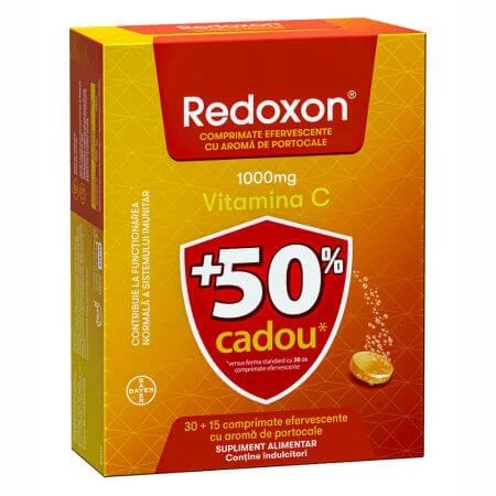 Redoxon packet with vitamin C, 1000 mg, 30+15 effervescent tablets, Orange, Bayer