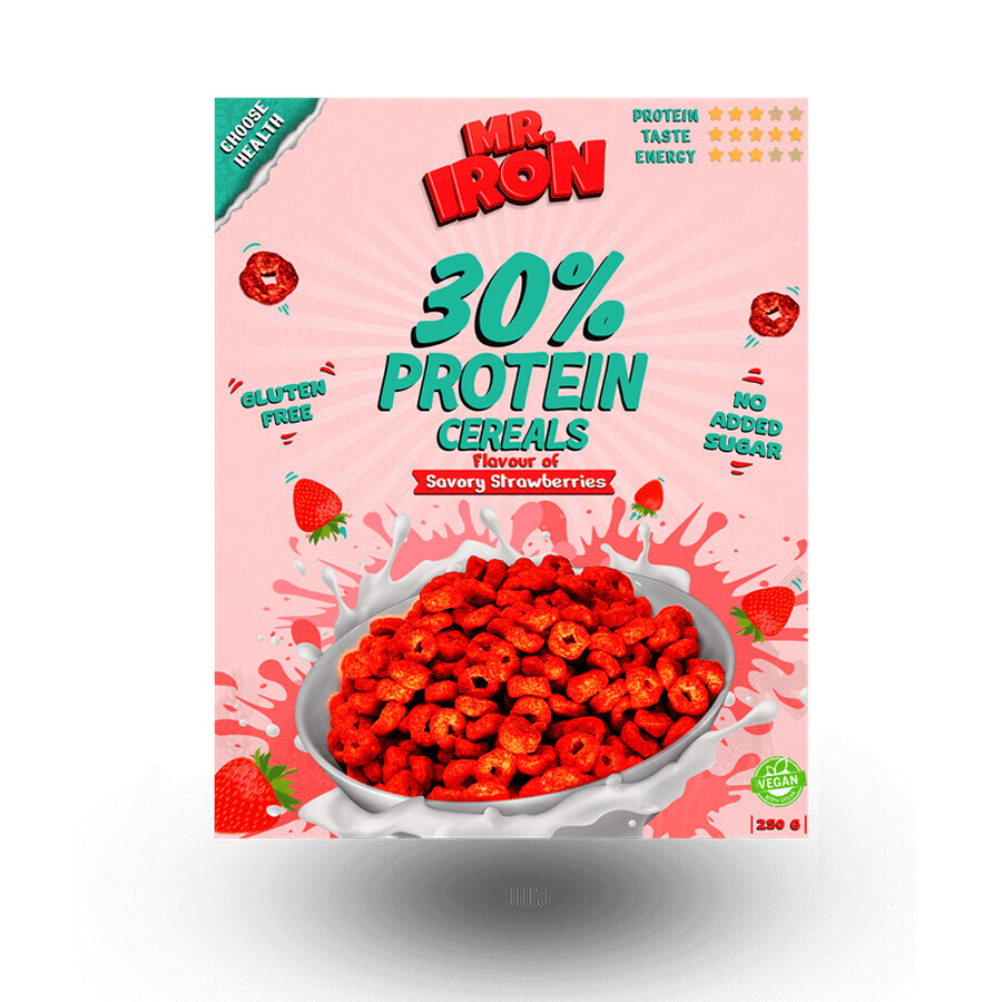 Protein cereal with strawberries and apple, vegan, sugar-free and gluten-free, 250 g, Mister Iron