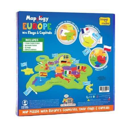 Lernpuzzle Karte von Europa mit Flaggen und Hauptstädten, +5 Jahre, Imagimake