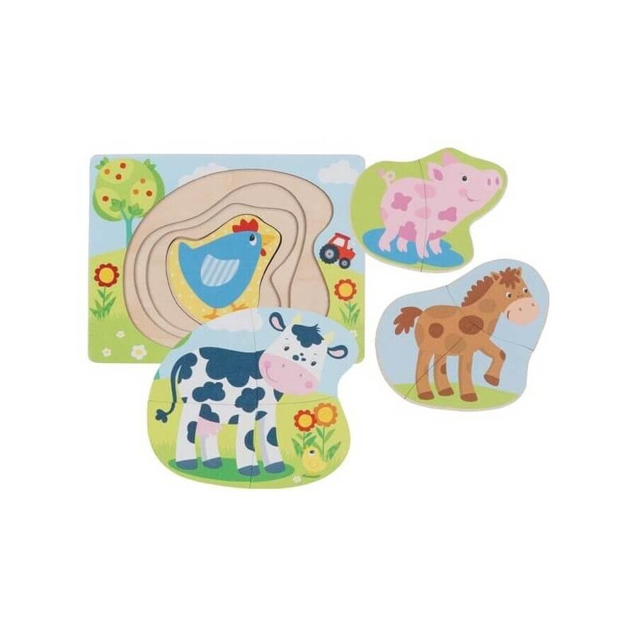 Puzzle stratificat din lemn Animalele de la ferma, +2 ani, Goki