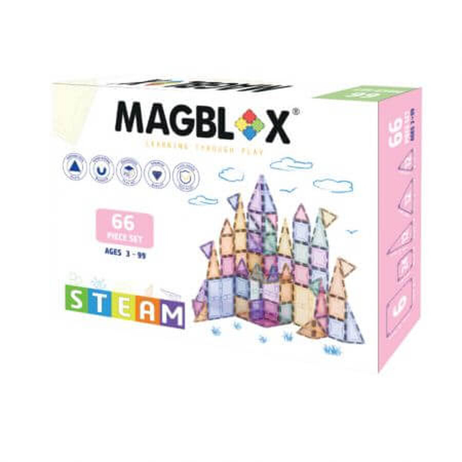 Set piese magnetice transparente pentru constructie, 3 ani+, Pastel, 66 piese, Magblox