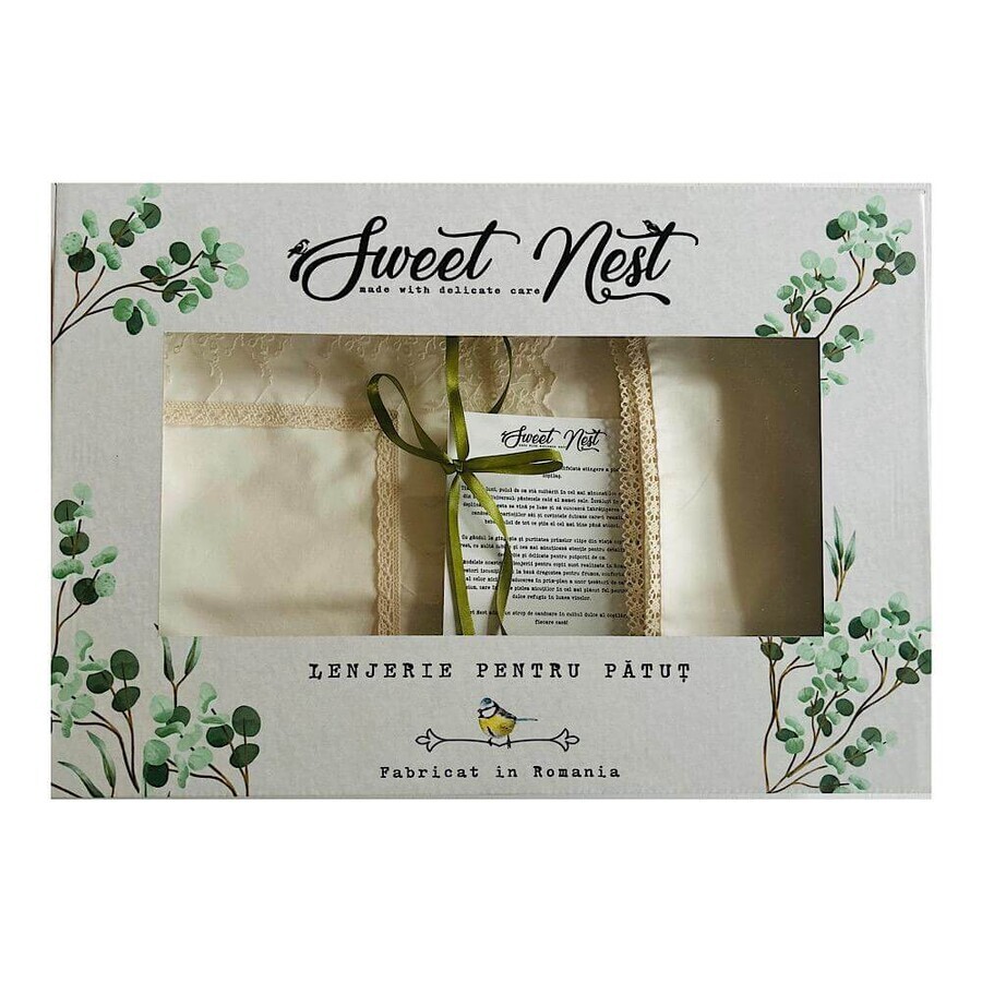 Set lenjerie pentru patut, 3 piese, Ivoire cu dantela premium, Sweet Nest