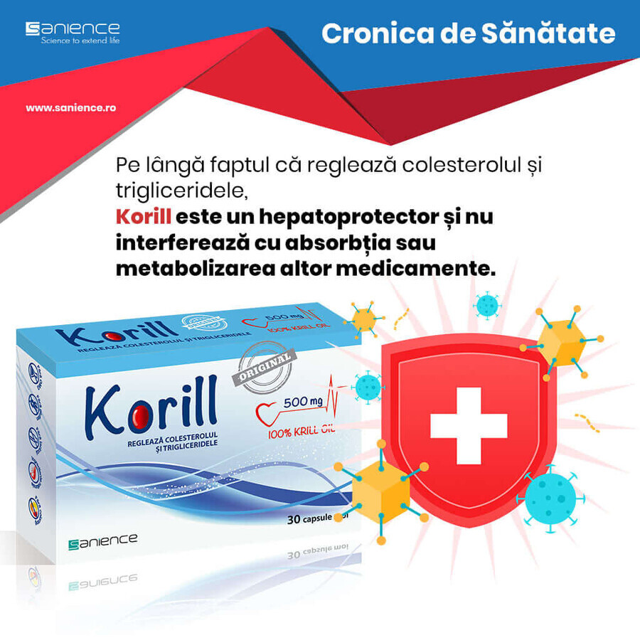 Korill ulei pur de krill 500 mg, 30 capsule, Sanience