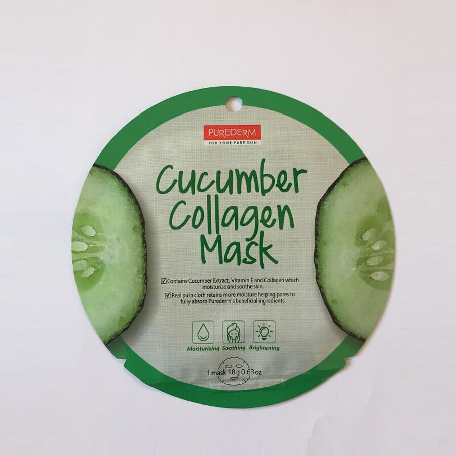 Masca din celuloza naturala pentru hidratare si luminozitate Cucumber Collagen, 18 g, Purederm