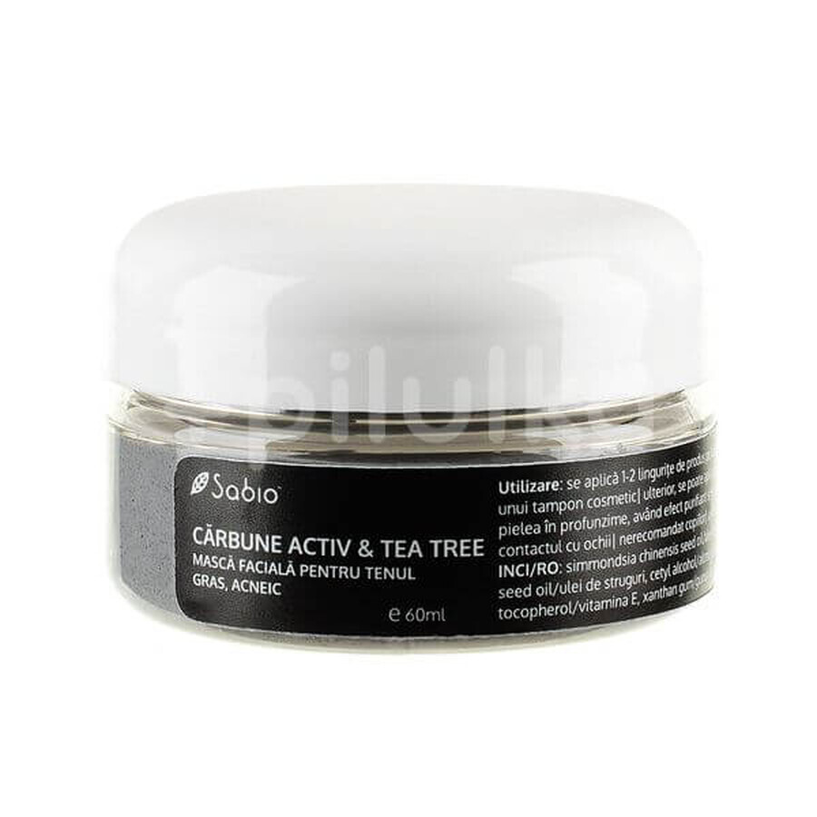 Maschera viso per pelli grasse e a tendenza acneica - Carbone attivo e Tea-Tree, 60 ml, Sabio