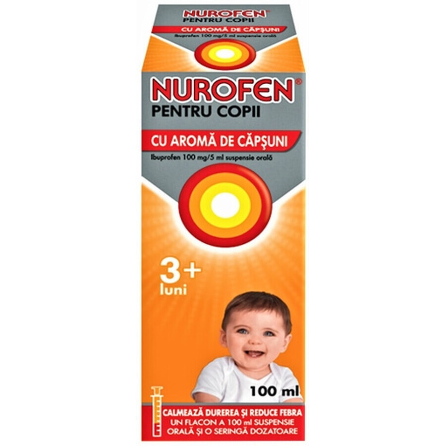 Nurofen 100 mg pentru copii 3 luni aromă de căpșuni, 100 ml, Reckitt Benckiser Healthcare