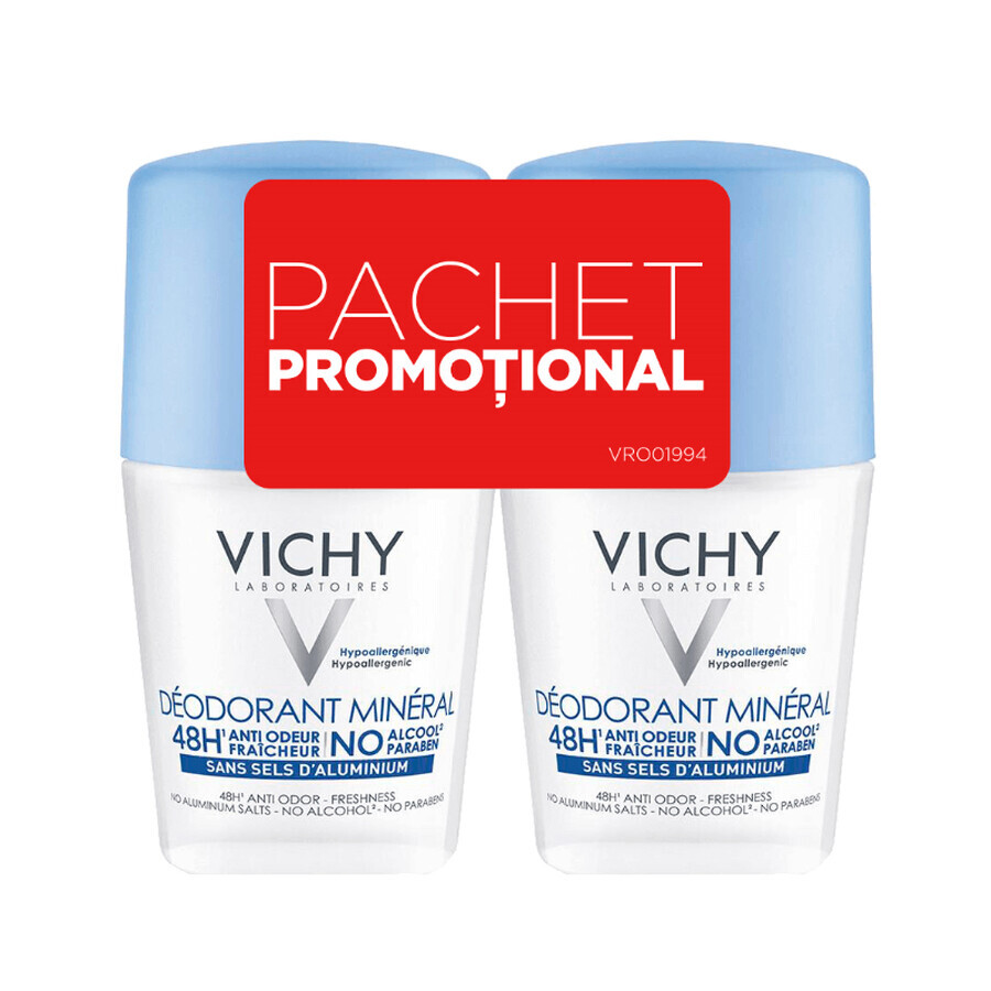 Pachet  Deodorant roll-on mineral fără săruri de aluminiu 48h, 50 ml + 50 ml, Vichy