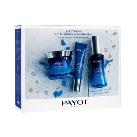 Pachet Blue Techni Liss Cremă crono-catifelantă pentru zi, 50 ml + Ser crono-volumizator concentrat, 30 ml + Gel crono-catifelant pentru ochi, 15 ml, Payot