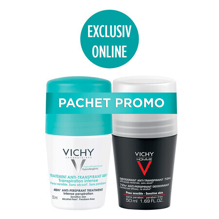 Pachet Deodorant roll-on antiperspirant cu parfum 48h, 50 ml + Deodorant roll-on antiperspirant pentru bărbați 72h, 50 ml, Vichy