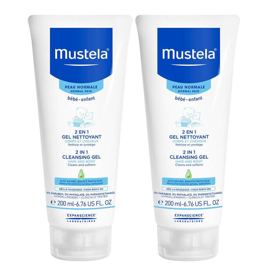 Pachet Gel de curățare 2 în 1 păr și corp, 200 + 200 ml, Mustela