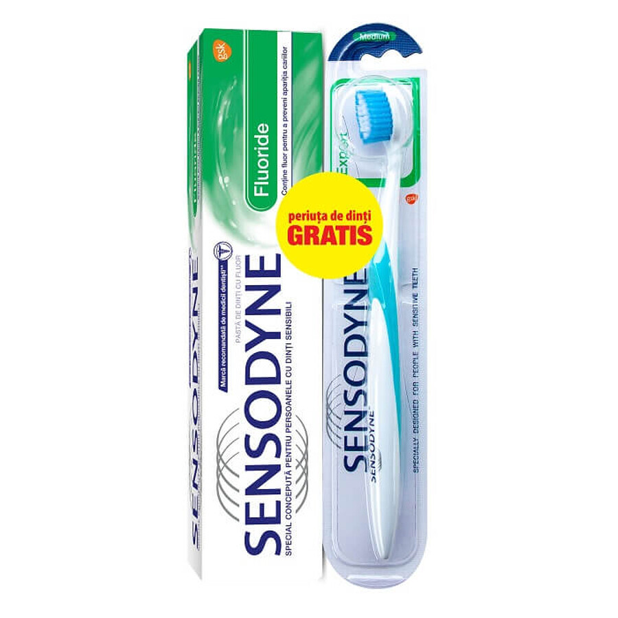 Pachet Pasta de dinti Fluoride Sensodyne, 100 ml + Periuta de dinti Expert Sensodyne, Medium, Gsk