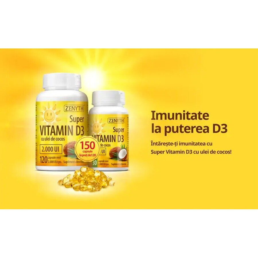 Super Vitamin D3 mit Kokosnussöl 2000 IU, 120 + 30 Kapseln, Zenyth