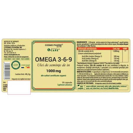 Premium Omega 3-6-9 1000mg Flax Seed Oil, 60 capsules, Cosmopharm
