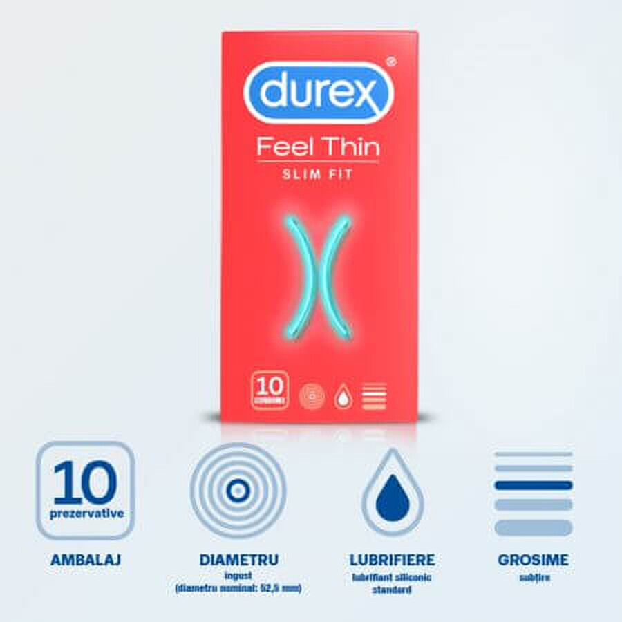 Prezervative Feel Thin Slim Fit, 10 bucăți, Durex
