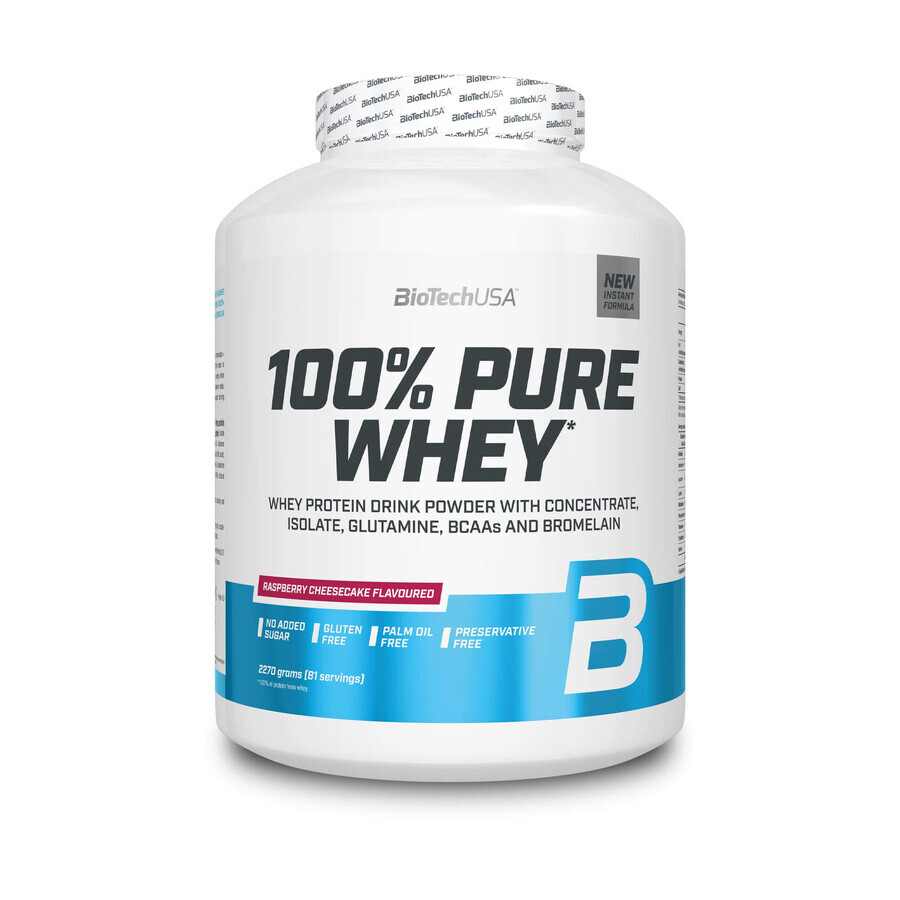 Pudra proteica 100% Pure Whey Cheesecake cu zmeura, 2270g, Biotech USA