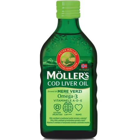 Omega 3 levertraan, vitamine A-D-E, groene appelsmaak, 250 ml, Moller's