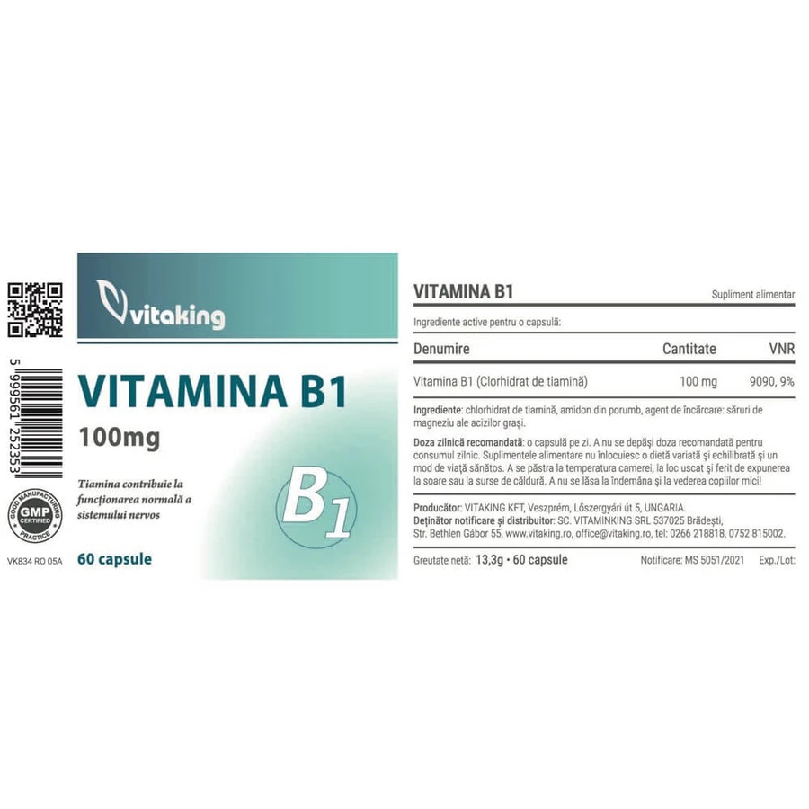 Vitamine B1 100 mg, 60 capsules, Vitaking