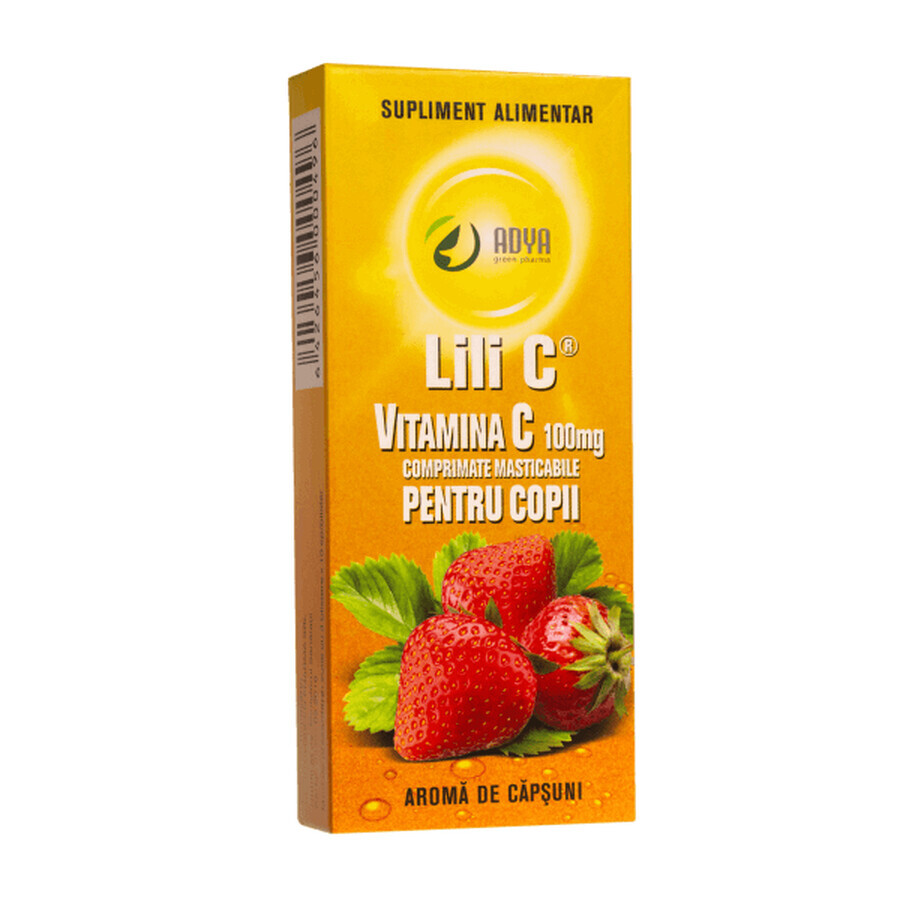 Vitamina C 100 mg cu aromă de căpșuni pentru copii, 30 comprimate, Adya