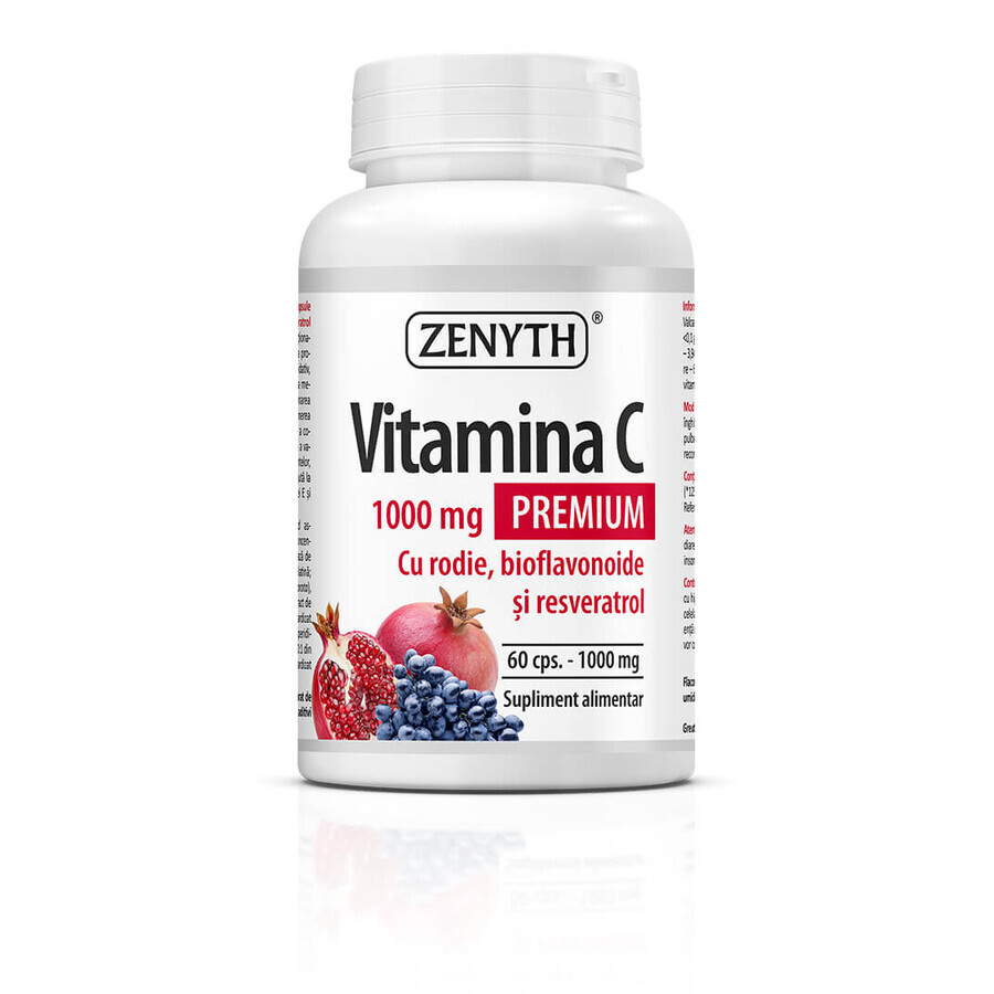 Premium Vitamin C mit Granatapfel, Bioflavonoiden und Resveratrol 1000 mg, 60+30 Kapseln, Zenyth