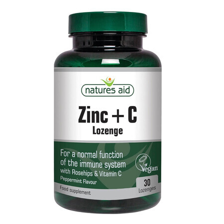 Zinc + Vitamina C cu măceșe și aromă naturală de mentă, 30 comprimate, Natures Aid