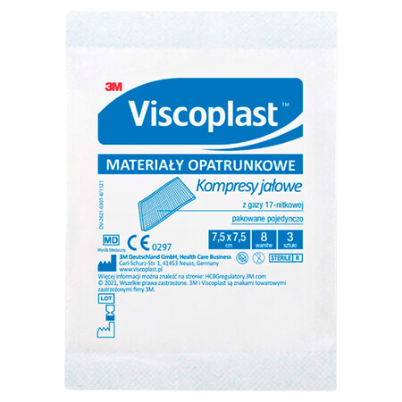 Viscoplast, tampoane de tifon sterile, 17 fire, 8 straturi, 7,5 cm x 7,5 cm, 3 bucăți