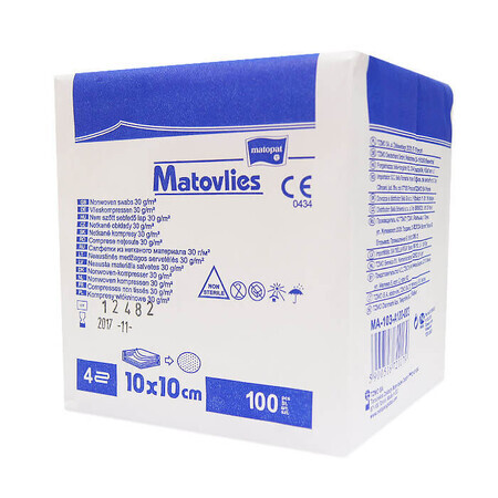 Matopat Matovlies, unsteril, Vlieskompressen, 4-lagig, 30 g/m2, 10 cm x 10 cm, 100 Stück