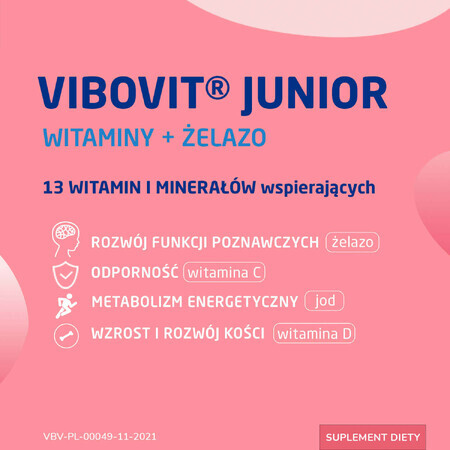 Vibovit Junior Vitamine și fier, pentru copii cu vârsta peste 4 ani, aromă de fructe de pădure, 30 comprimate