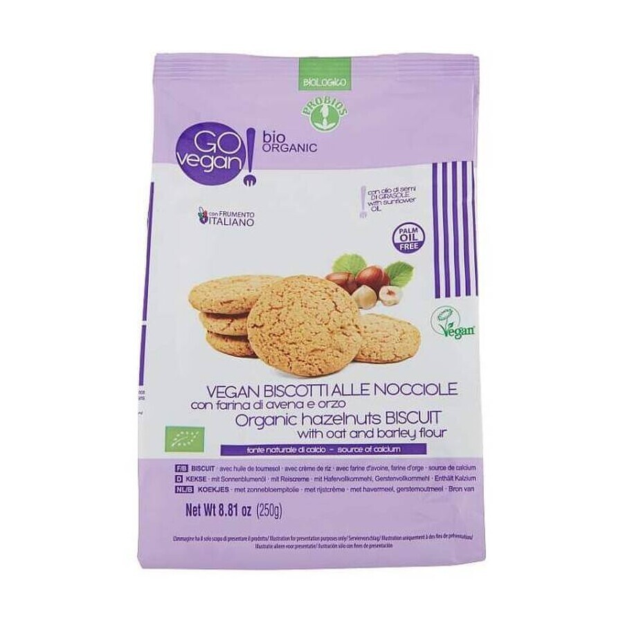 Biscuiti bio vegani cu alune, ovaz si faina de orz fara zahar, 250g, Probios