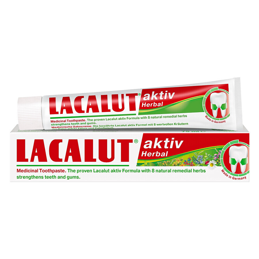 Kräuter-Zahnpasta Lacalut Aktiv, 75 ml. Natürliche Reinigung und Pflege für gesundes Lächeln. Mit Kräuterextrakten für frischen Atem und starke Zähne.