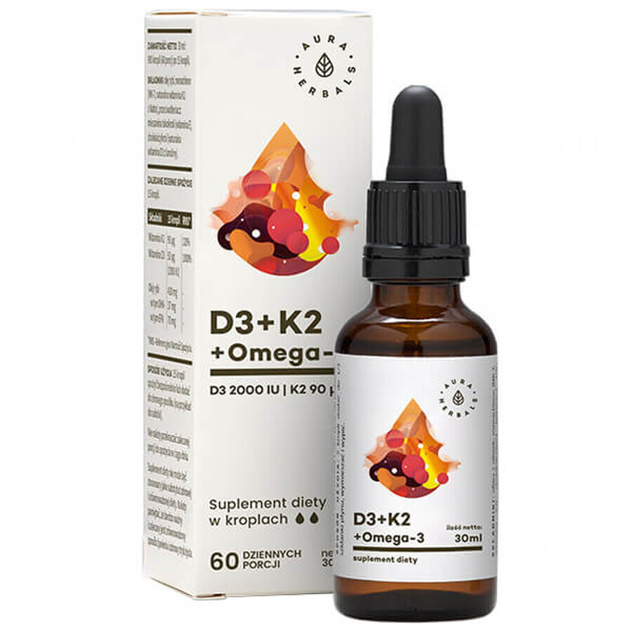 Aura Herbals D3 + K2 MK7 + Omega 3 gouttes, 30 ml