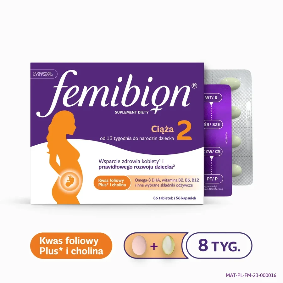 Femibion 2 Ciąża od 13 do 40 tygodnia, Kwas Foliowy Plus, 56 tabletek + 56 kapsułek: ceny i cechy