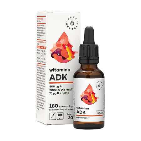 Aura Herbals, vitamina A + D3 2000 UI + K2 MK-7, 30 ml