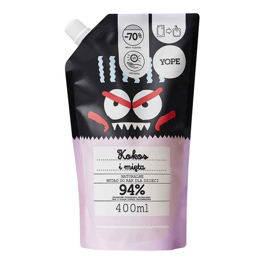 Yope Coconut and Mint, săpun de mâini natural pentru copii, de rezervă, 400 ml