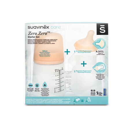 Set Suavinex Zero Zero Zero, biberon anti-colic, cu tetină cu debit reglabil și pungă de rezervă, de la naștere, 180 ml