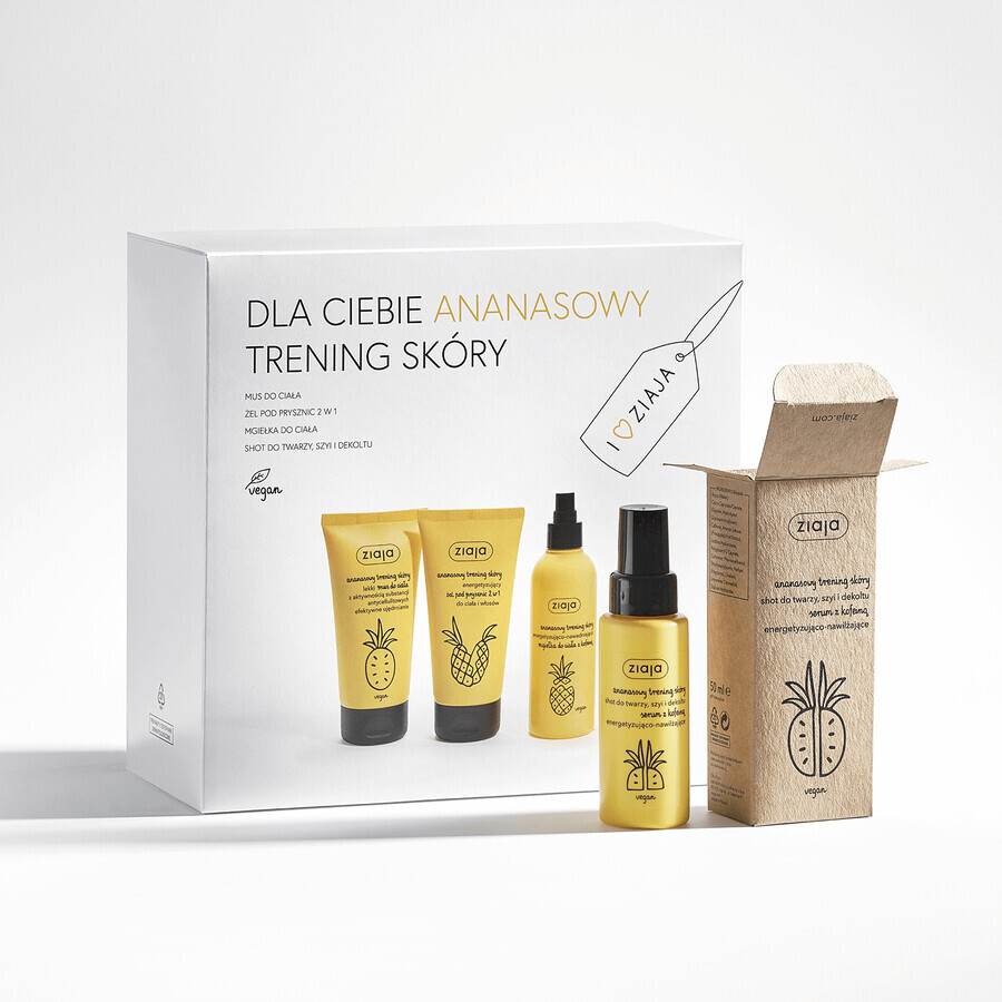 Ziaja Pineapple Skin Training set, gel de duș pentru corp și păr, 160 ml + spumă de corp, 160 ml + ser pentru față, gât și decolteu, 50 ml + ceață de corp, 200 ml