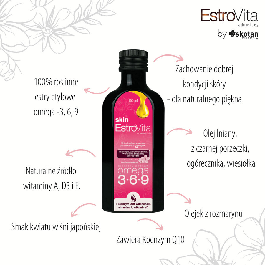 EstroVita Skin, Omega 3-6-9 zuuresters, Japanse kersenbloesemsmaak, sakura, 150 ml